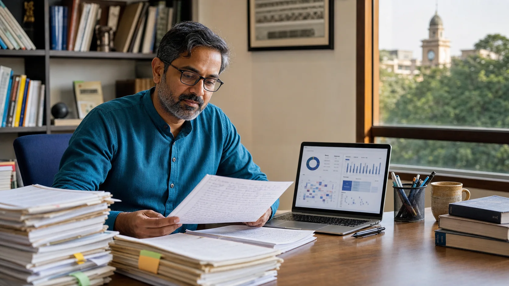 University professor reviewing handwritten assessments with course analytics